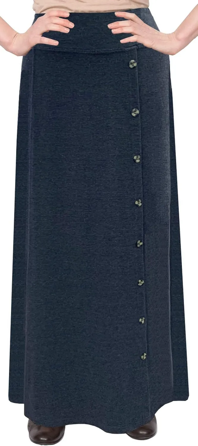 Baby'O Women's Stretch Cotton Knit Faux Button Front Maxi A-Line Skirt