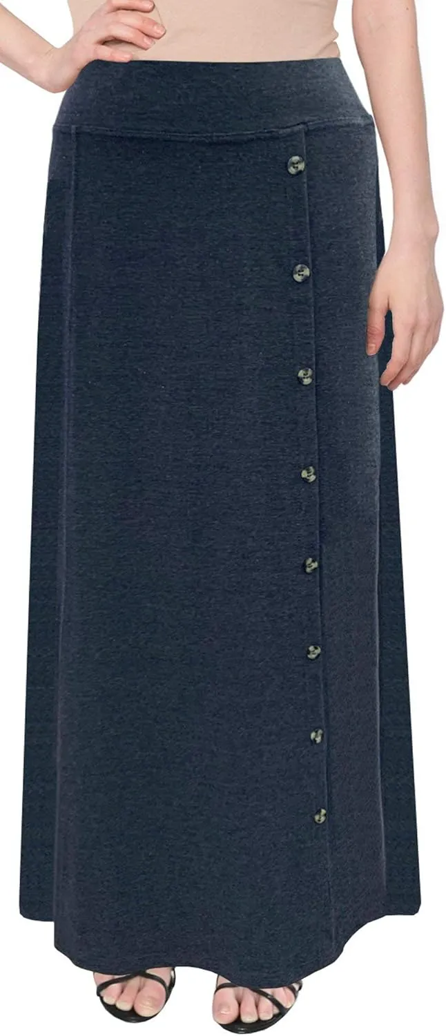Baby'O Women's Stretch Cotton Knit Faux Button Front Maxi A-Line Skirt