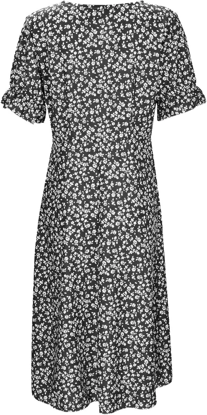 Beach Dresses for Women 2024 Vacation Trendy Elegant V Neck Floral Sundress High-Low Hem Flowy Midi Dress