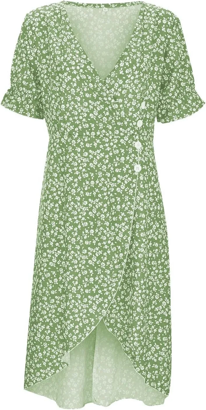 Beach Dresses for Women 2024 Vacation Trendy Elegant V Neck Floral Sundress High-Low Hem Flowy Midi Dress