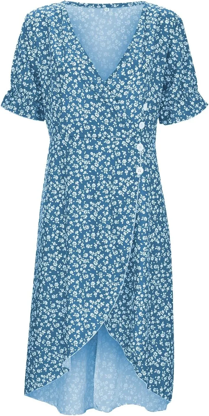 Beach Dresses for Women 2024 Vacation Trendy Elegant V Neck Floral Sundress High-Low Hem Flowy Midi Dress