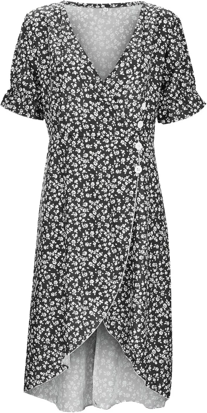 Beach Dresses for Women 2024 Vacation Trendy Elegant V Neck Floral Sundress High-Low Hem Flowy Midi Dress