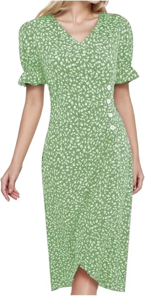 Beach Dresses for Women 2024 Vacation Trendy Elegant V Neck Floral Sundress High-Low Hem Flowy Midi Dress