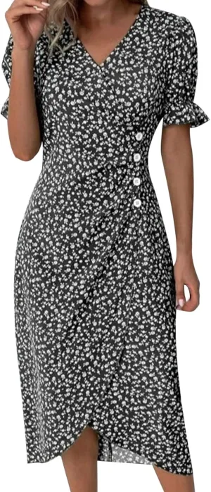 Beach Dresses for Women 2024 Vacation Trendy Elegant V Neck Floral Sundress High-Low Hem Flowy Midi Dress