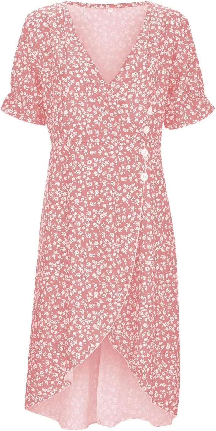 Beach Dresses for Women 2024 Vacation Trendy Elegant V Neck Floral Sundress High-Low Hem Flowy Midi Dress