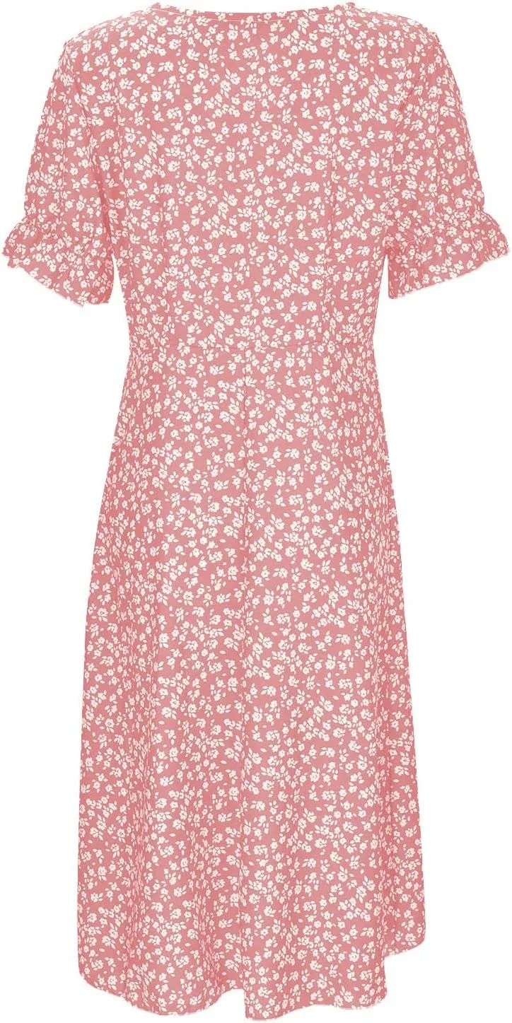 Beach Dresses for Women 2024 Vacation Trendy Elegant V Neck Floral Sundress High-Low Hem Flowy Midi Dress