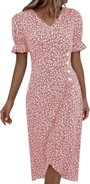 Beach Dresses for Women 2024 Vacation Trendy Elegant V Neck Floral Sundress High-Low Hem Flowy Midi Dress