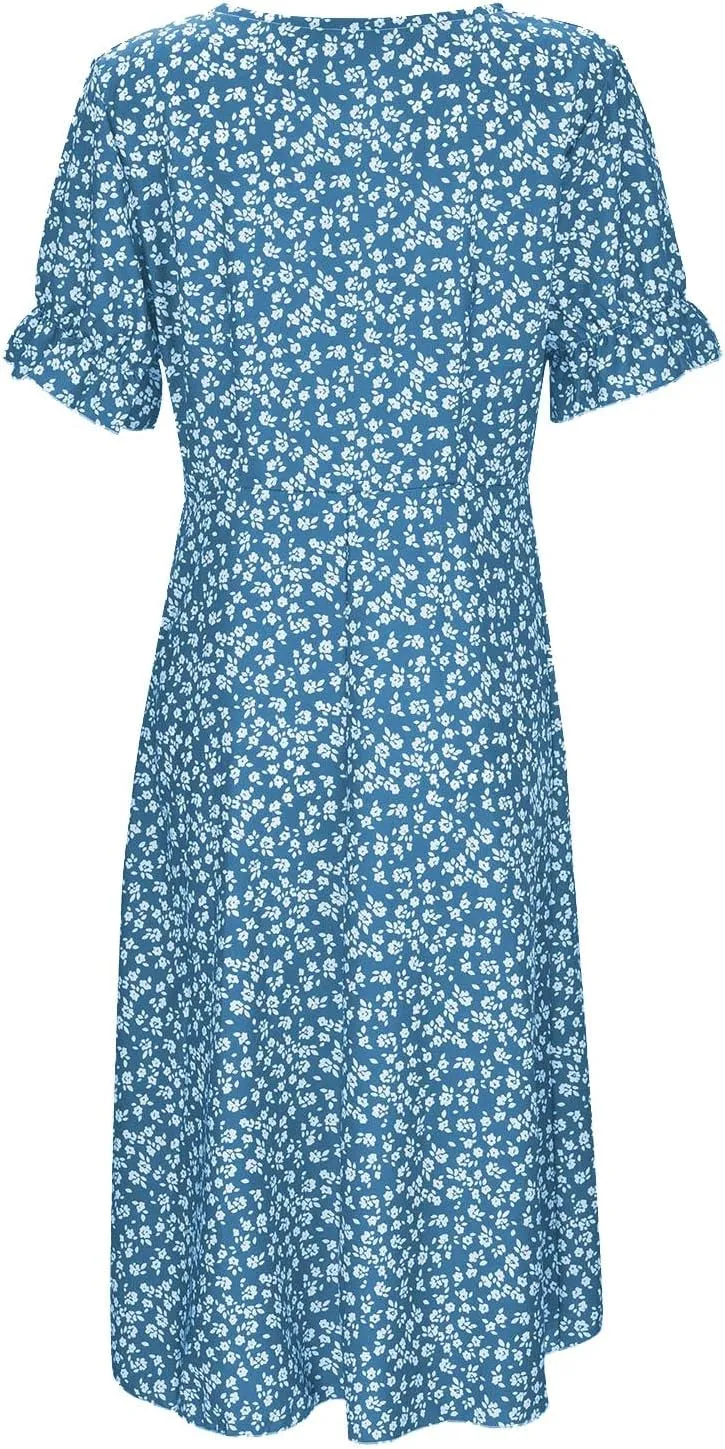 Beach Dresses for Women 2024 Vacation Trendy Elegant V Neck Floral Sundress High-Low Hem Flowy Midi Dress