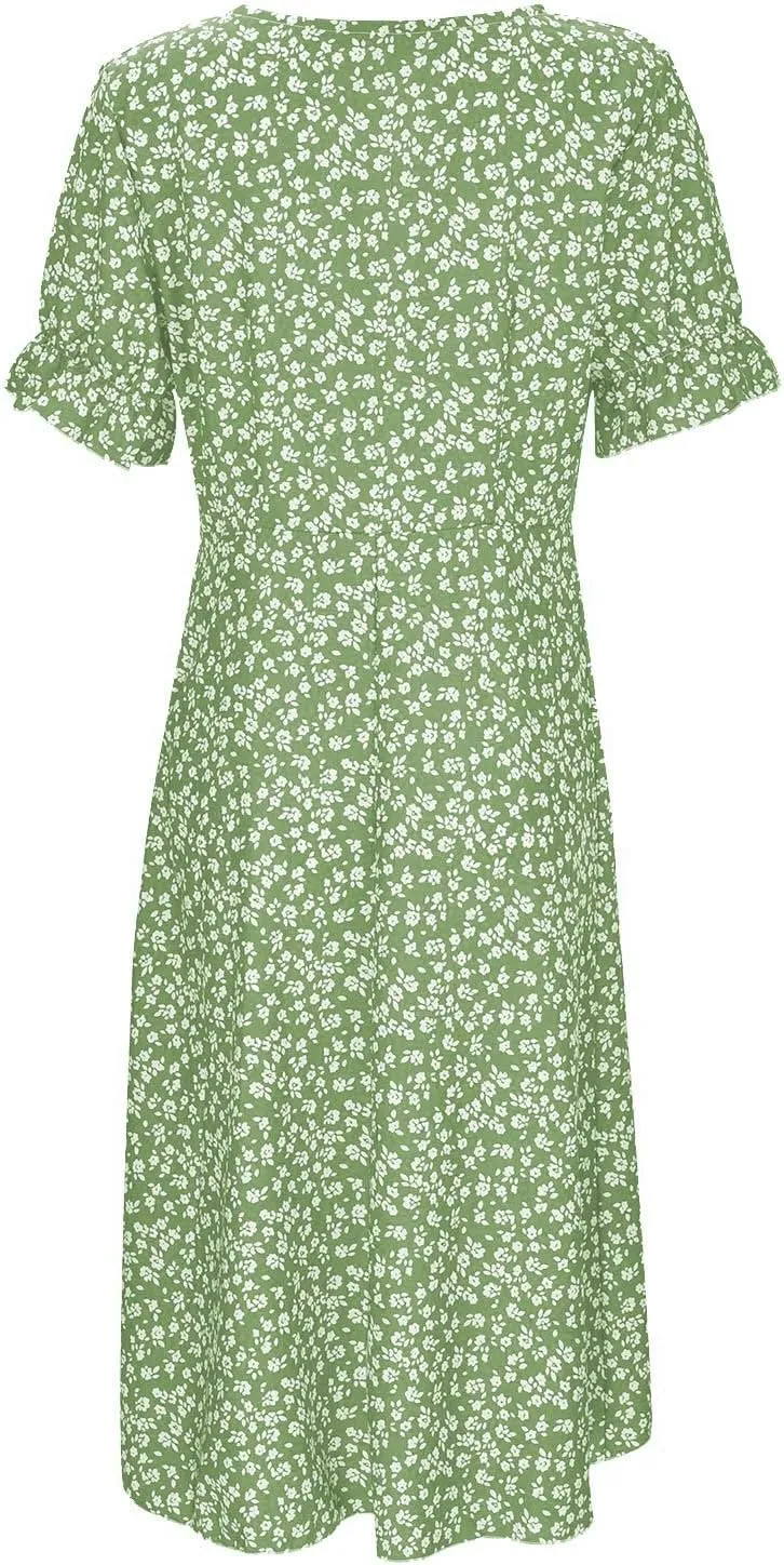 Beach Dresses for Women 2024 Vacation Trendy Elegant V Neck Floral Sundress High-Low Hem Flowy Midi Dress