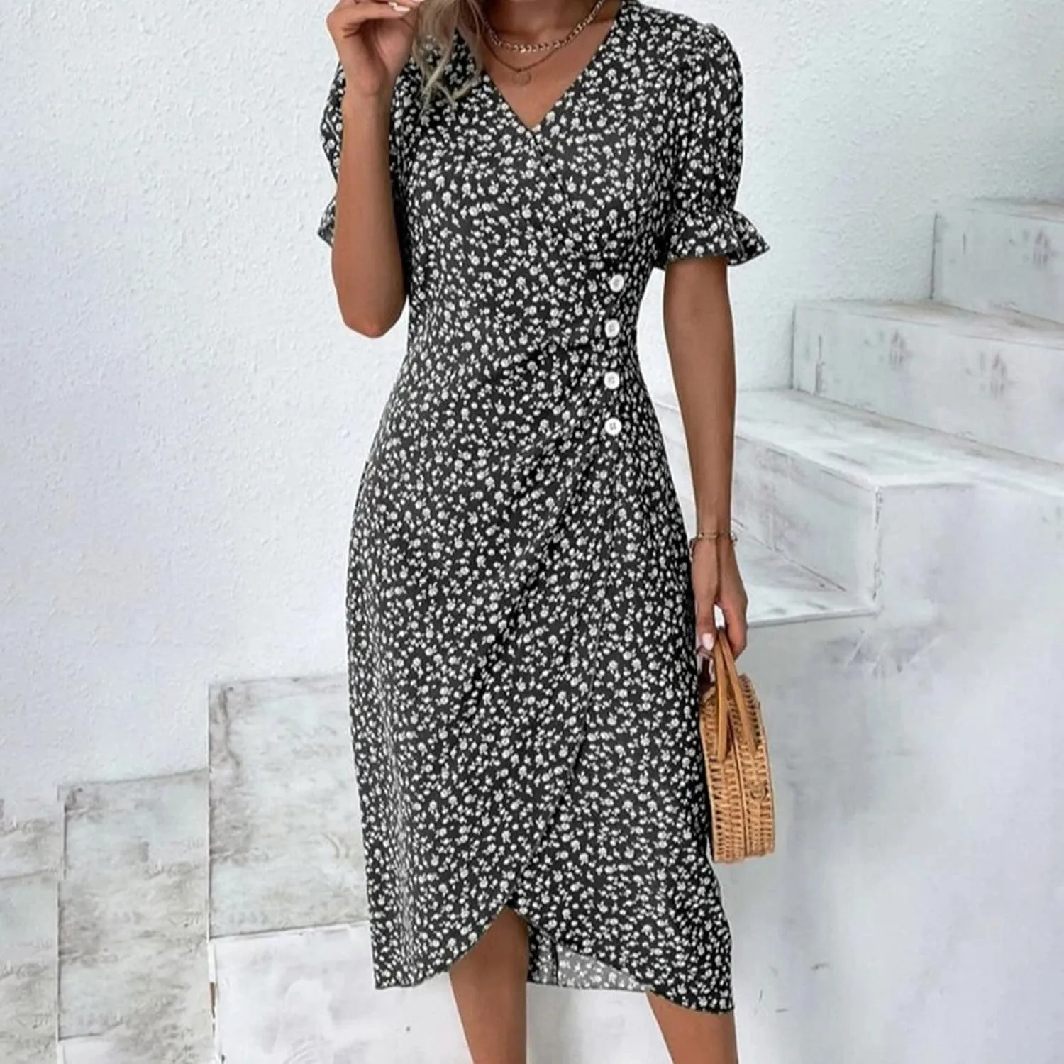 Beach Dresses for Women 2024 Vacation Trendy Elegant V Neck Floral Sundress High-Low Hem Flowy Midi Dress