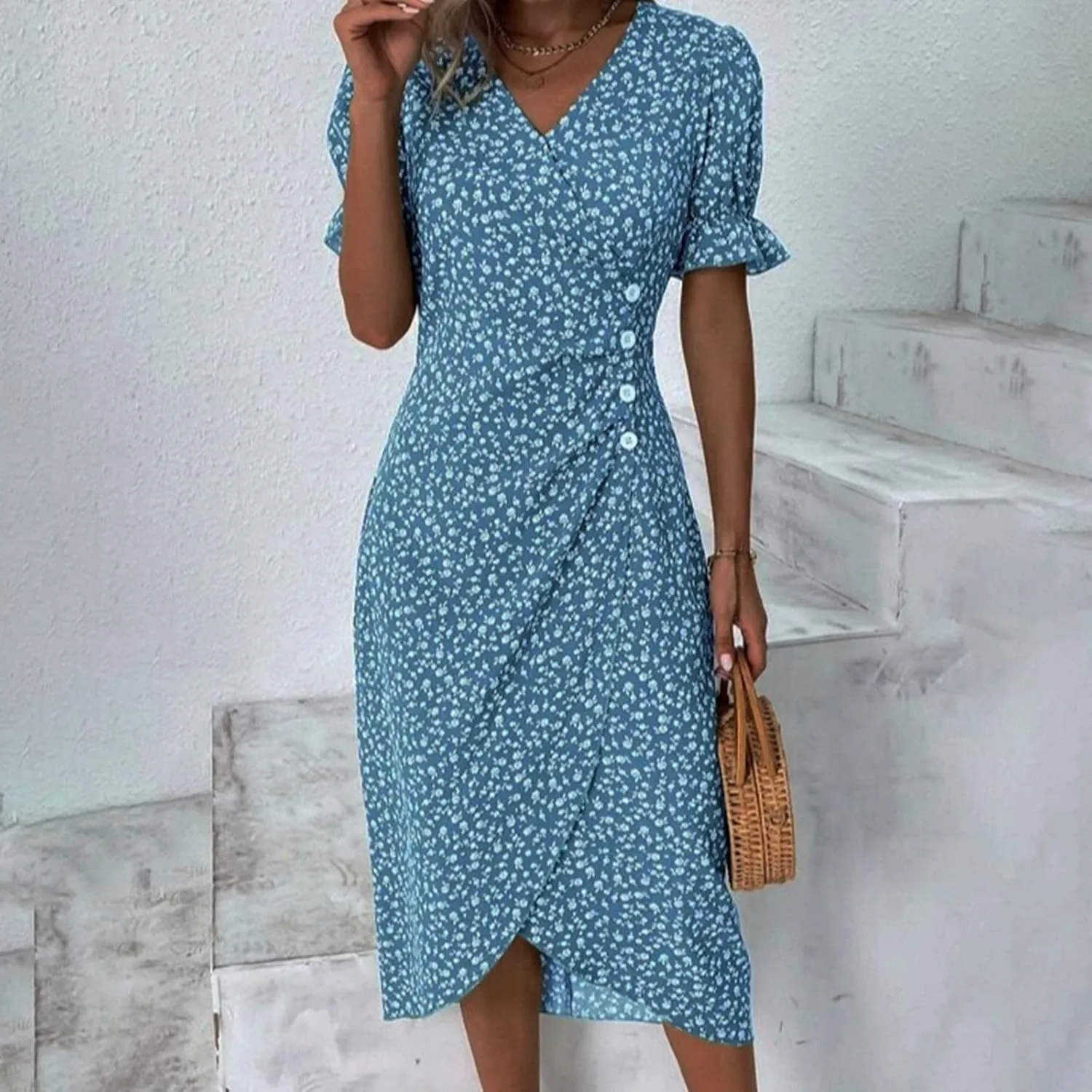 Beach Dresses for Women 2024 Vacation Trendy Elegant V Neck Floral Sundress High-Low Hem Flowy Midi Dress