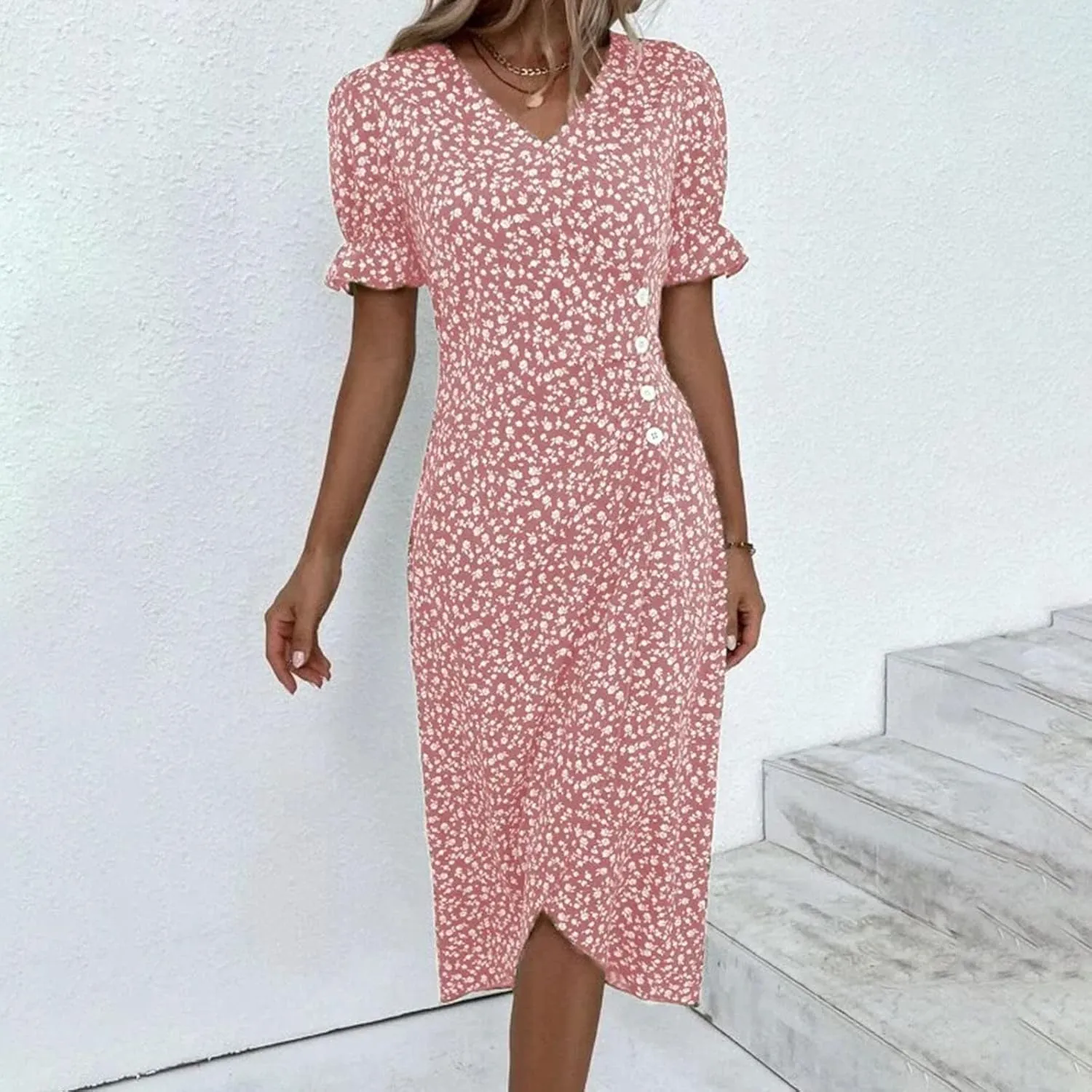 Beach Dresses for Women 2024 Vacation Trendy Elegant V Neck Floral Sundress High-Low Hem Flowy Midi Dress