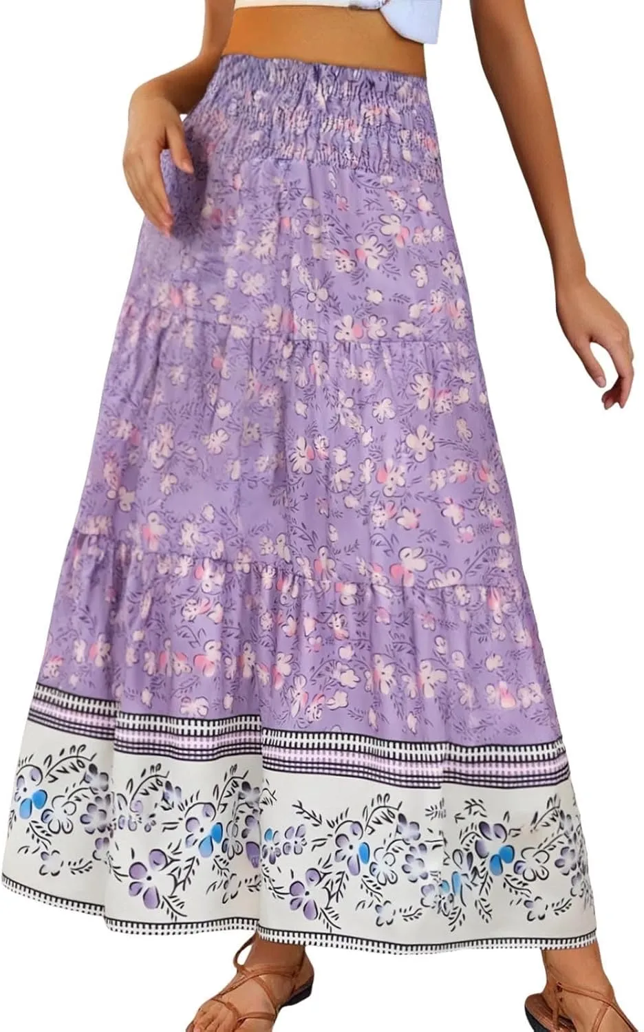 Beach Maxi Skirts for Women Summer Elastic High Waisted Flowy A-Line Ruffle Floral Boho Long Skirt