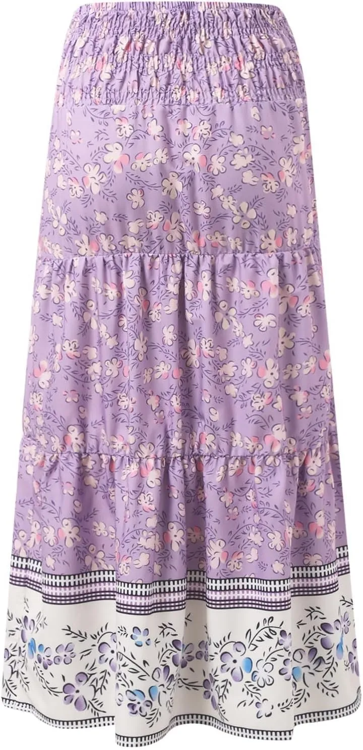 Beach Maxi Skirts for Women Summer Elastic High Waisted Flowy A-Line Ruffle Floral Boho Long Skirt