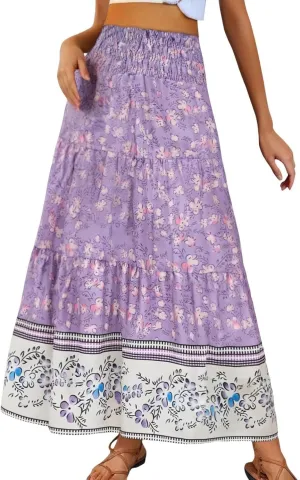 Beach Maxi Skirts for Women Summer Elastic High Waisted Flowy A-Line Ruffle Floral Boho Long Skirt