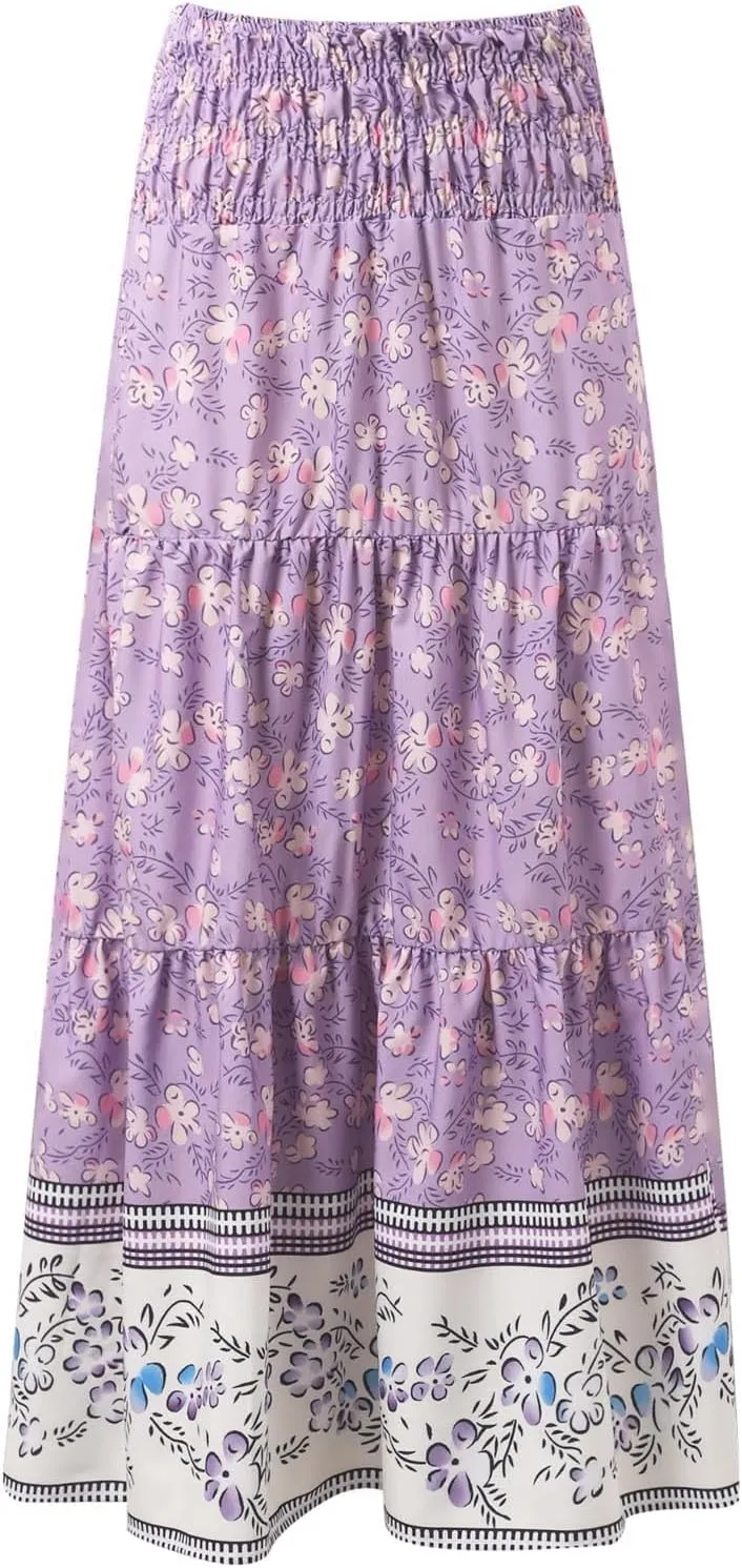 Beach Maxi Skirts for Women Summer Elastic High Waisted Flowy A-Line Ruffle Floral Boho Long Skirt