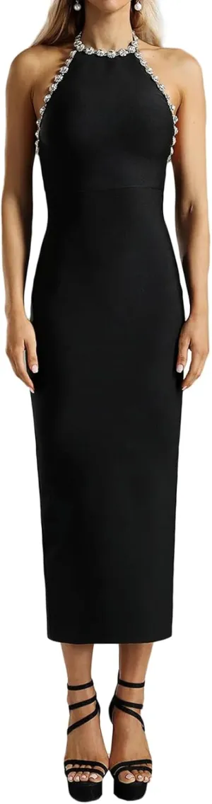 BELLA BARNETT Black Diamante Halter Dress Sexy Bodycon Dress Elegant Sleeveless Dress for Women