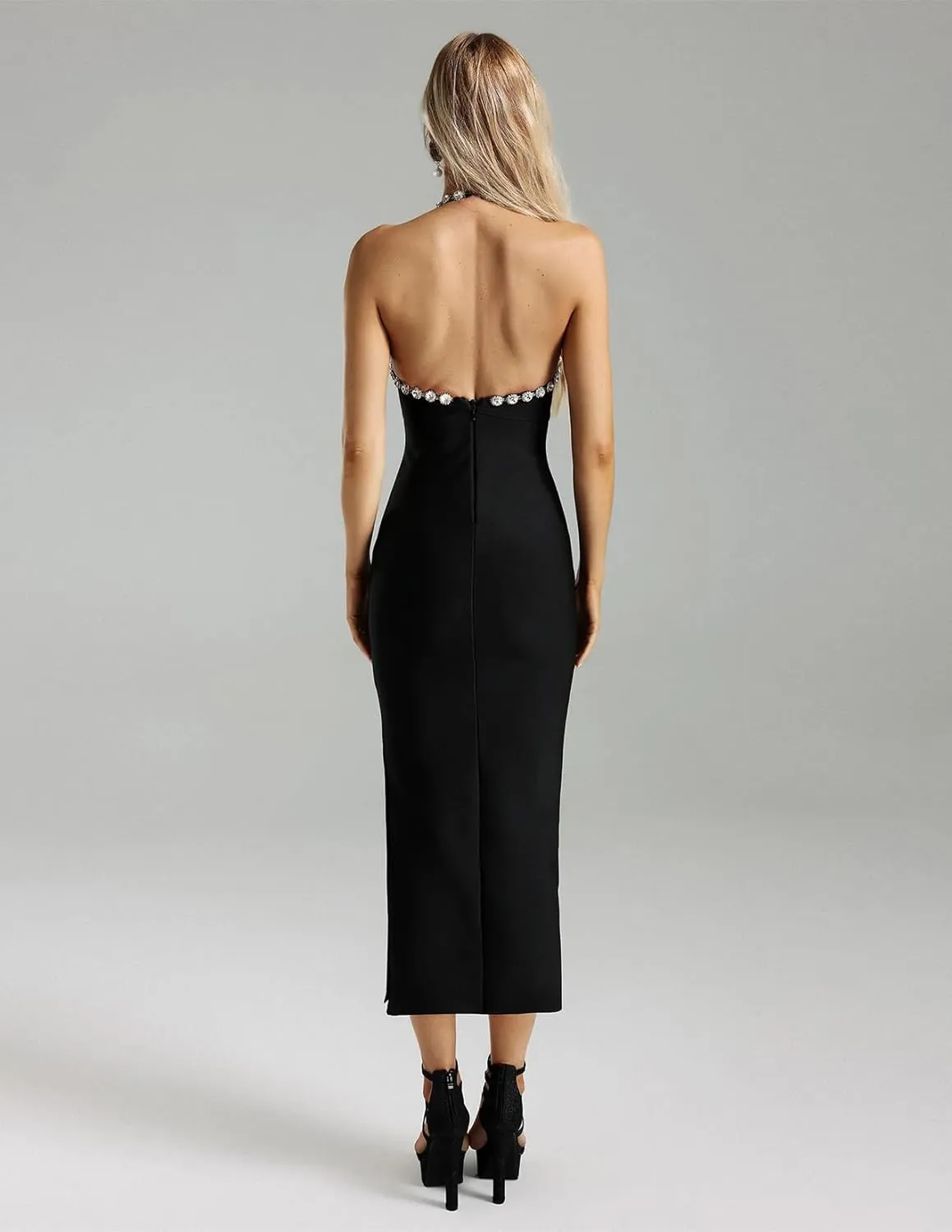 BELLA BARNETT Black Diamante Halter Dress Sexy Bodycon Dress Elegant Sleeveless Dress for Women