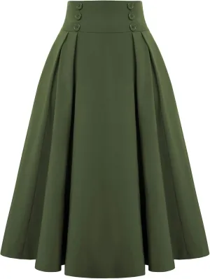 Belle Poque Women's Vintage High Waist Pleated Midi A-Line Skirt with Pockets