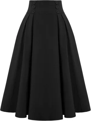 Belle Poque Women's Vintage High Waist Pleated Midi A-Line Skirt with Pockets