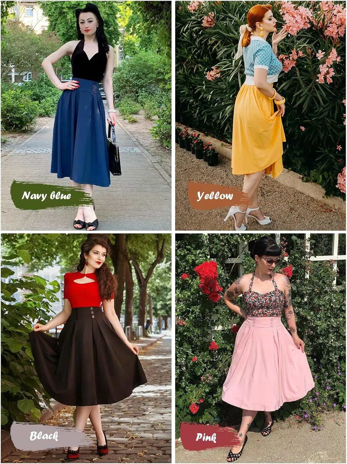 Belle Poque Women's Vintage High Waist Pleated Midi A-Line Skirt with Pockets