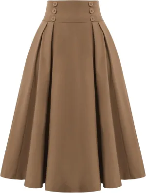 Belle Poque Women's Vintage High Waist Pleated Midi A-Line Skirt with Pockets