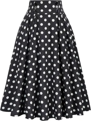 Belle Poque Women's Vintage High Waist Pleated Midi A-Line Skirt with Pockets