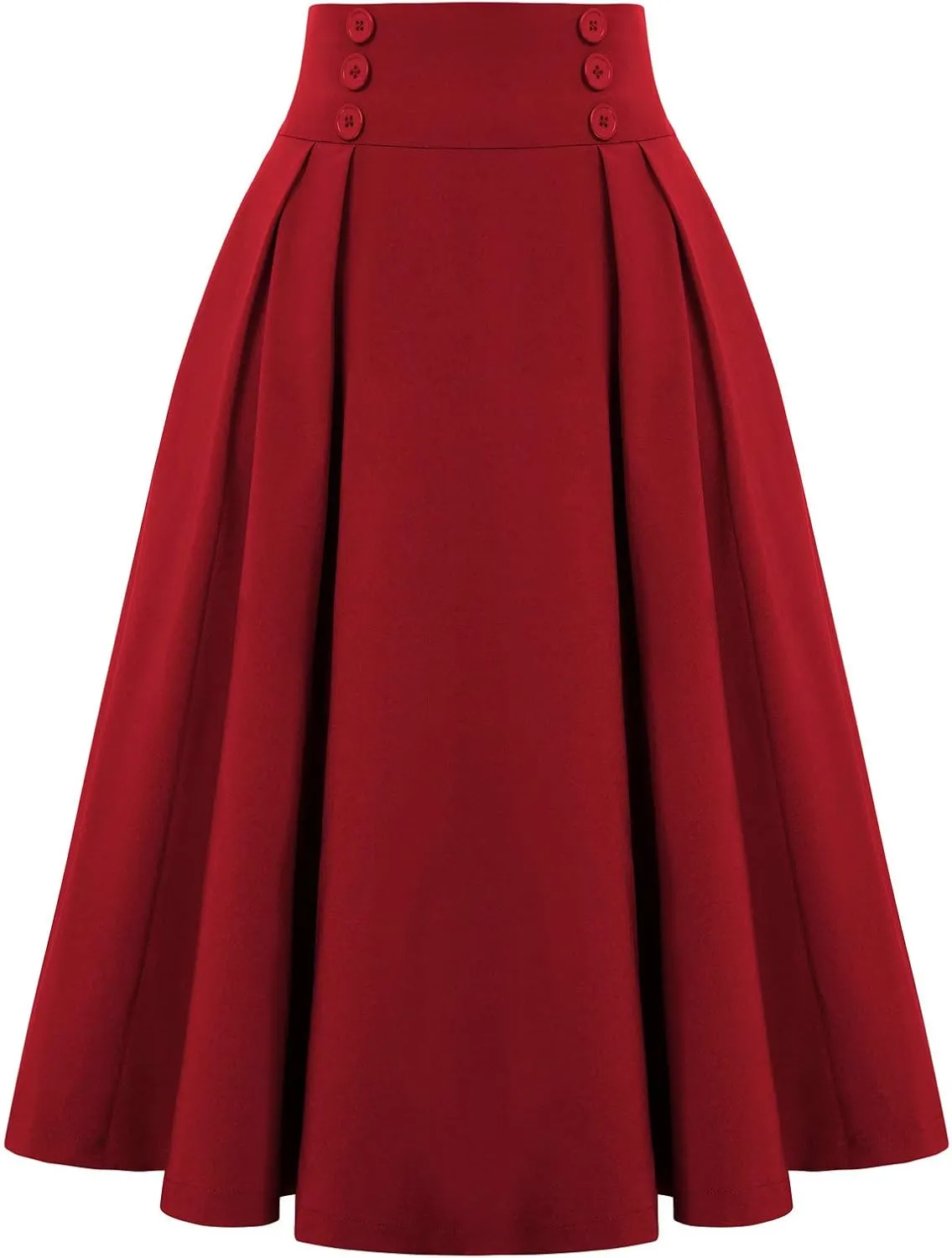 Belle Poque Women's Vintage High Waist Pleated Midi A-Line Skirt with Pockets