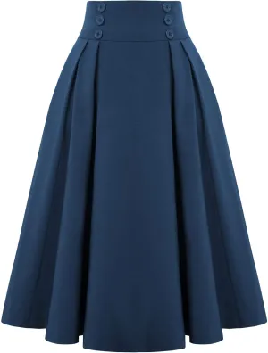 Belle Poque Women's Vintage High Waist Pleated Midi A-Line Skirt with Pockets