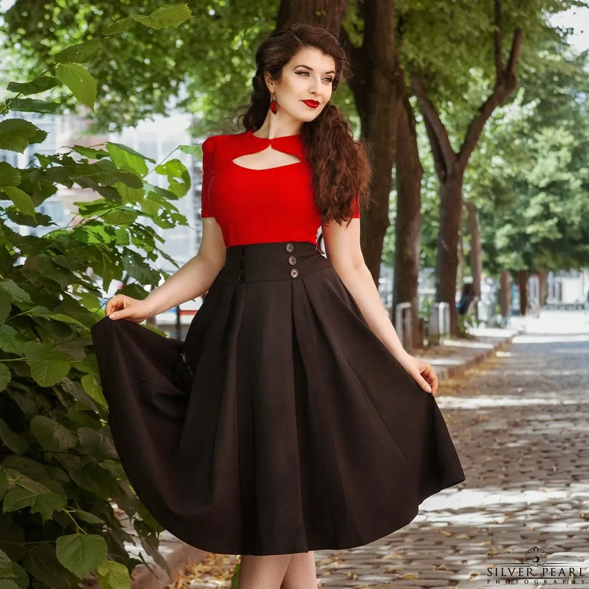 Belle Poque Women's Vintage High Waist Pleated Midi A-Line Skirt with Pockets