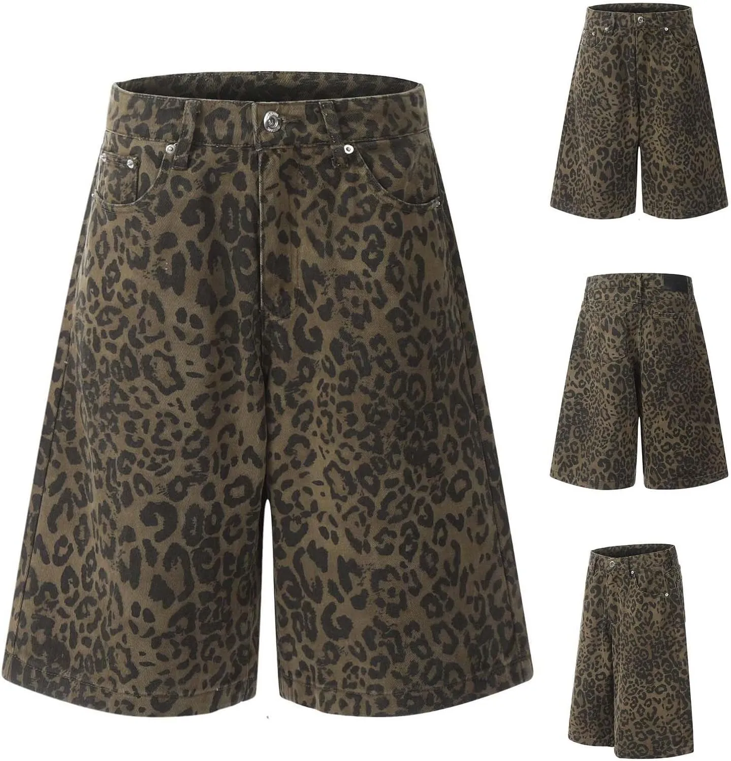 Bermuda Shorts for Women High Waisted Leopard Printed Short Pants Relaxed Fit Stretchy Casual Fashion Denim Shorts