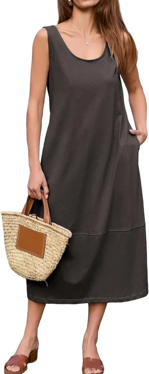 BerryGo Women's Casual Sleeveless Maxi Loose Beach Dress Cotton Basic Scoop Neck Backless Sleeveless T-Shirt Dresses Oversized (Dark Grey,Medium)