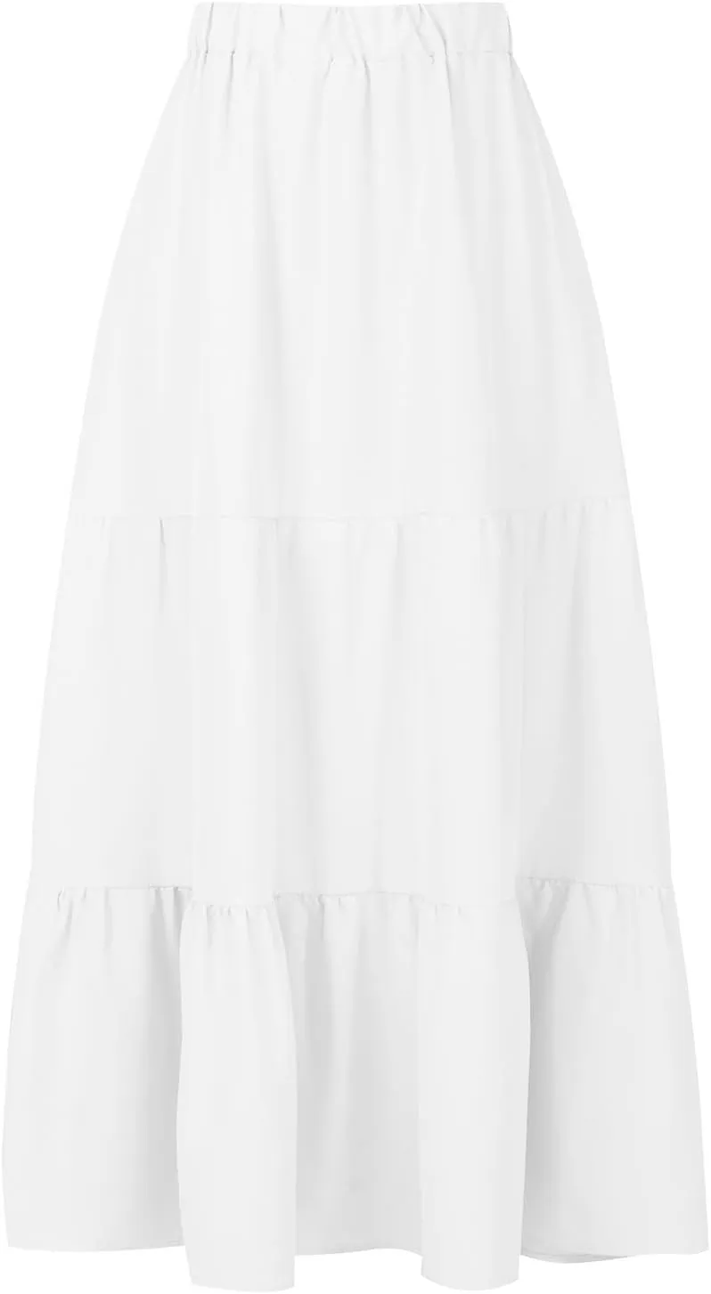 Binmer Women 2024 Bohemian Long Skirts Tiered Ruffle Hem Flowy High Waist A Line Maxi Skirts Summer Pleated Skirt with Pocket