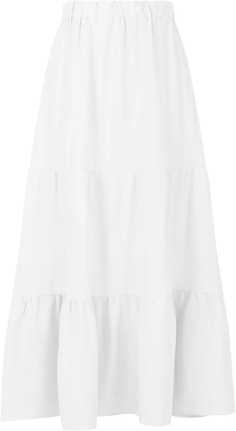 Binmer Women 2024 Bohemian Long Skirts Tiered Ruffle Hem Flowy High Waist A Line Maxi Skirts Summer Pleated Skirt with Pocket