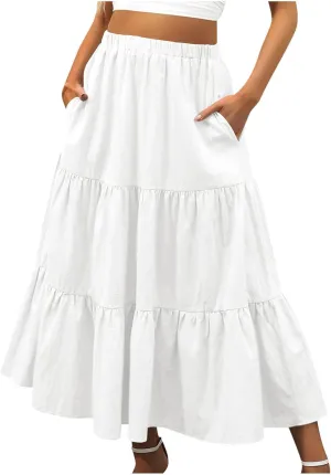 Binmer Women 2024 Bohemian Long Skirts Tiered Ruffle Hem Flowy High Waist A Line Maxi Skirts Summer Pleated Skirt with Pocket