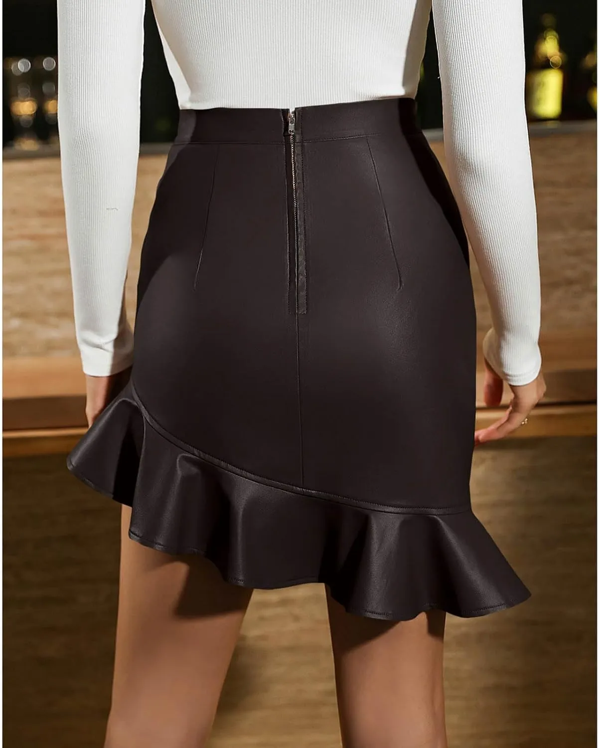 Bodycon Mini Skirts for Women Faux Leather Skirt High Waisted Ruffle Hem Skirt