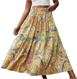 Boho Long Skirts for Women 2025 Summer Elastic High Waisted Flowy Swing A-Line Floral Maxi Skirt