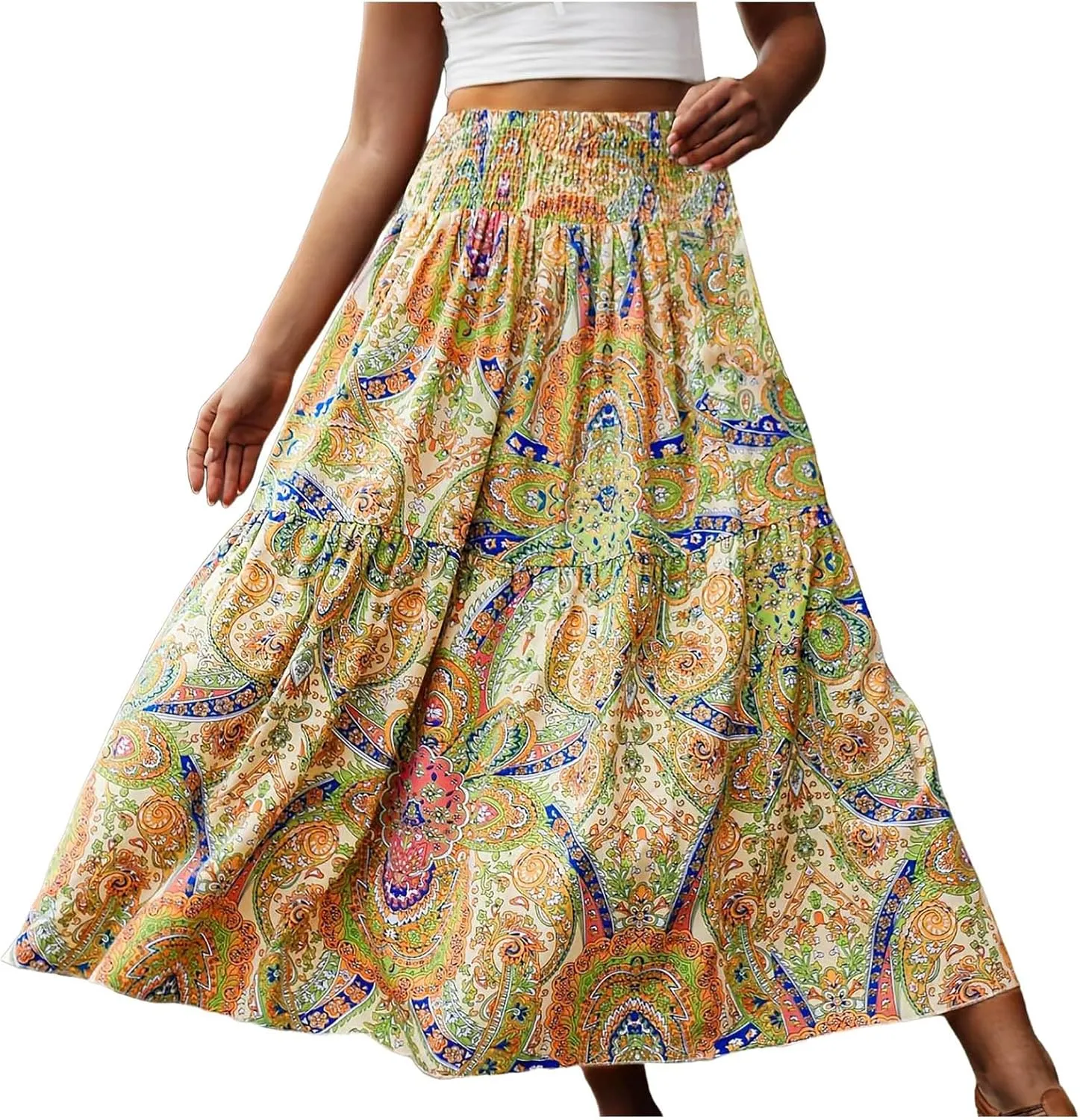 Boho Long Skirts for Women 2025 Summer Elastic High Waisted Flowy Swing A-Line Floral Maxi Skirt