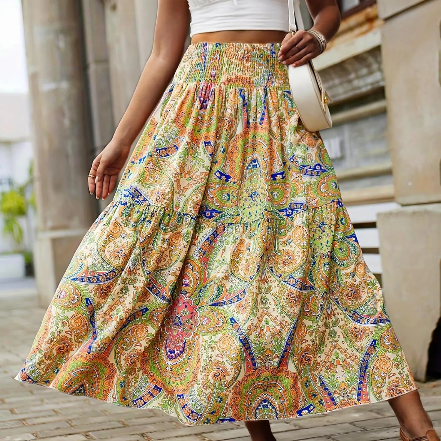Boho Long Skirts for Women 2025 Summer Elastic High Waisted Flowy Swing A-Line Floral Maxi Skirt