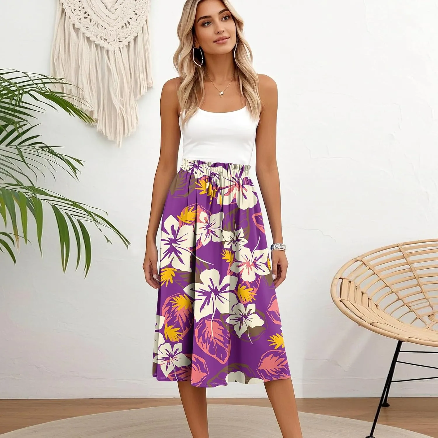 Boho Midi Skirts for Women Summer Drawstring High Waisted Knee Length Skirts A-Line Floral Print Flowy Beach Skirt
