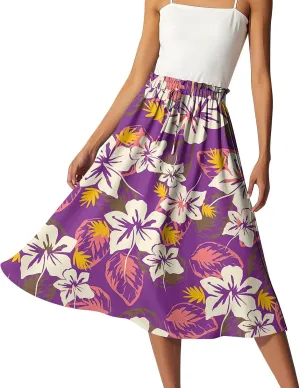 Boho Midi Skirts for Women Summer Drawstring High Waisted Knee Length Skirts A-Line Floral Print Flowy Beach Skirt