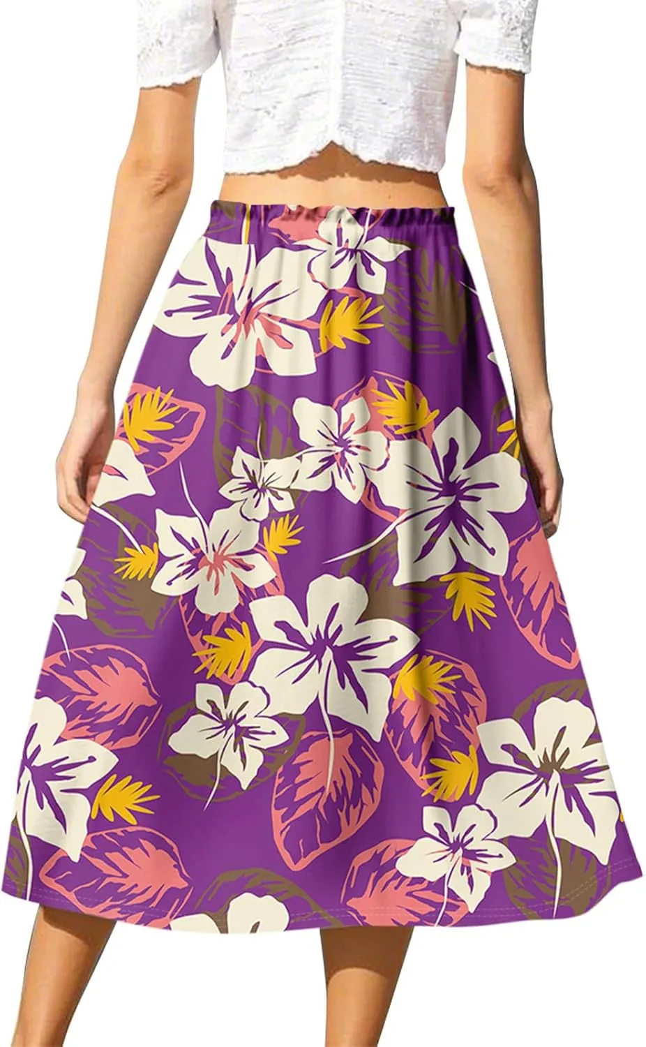 Boho Midi Skirts for Women Summer Drawstring High Waisted Knee Length Skirts A-Line Floral Print Flowy Beach Skirt