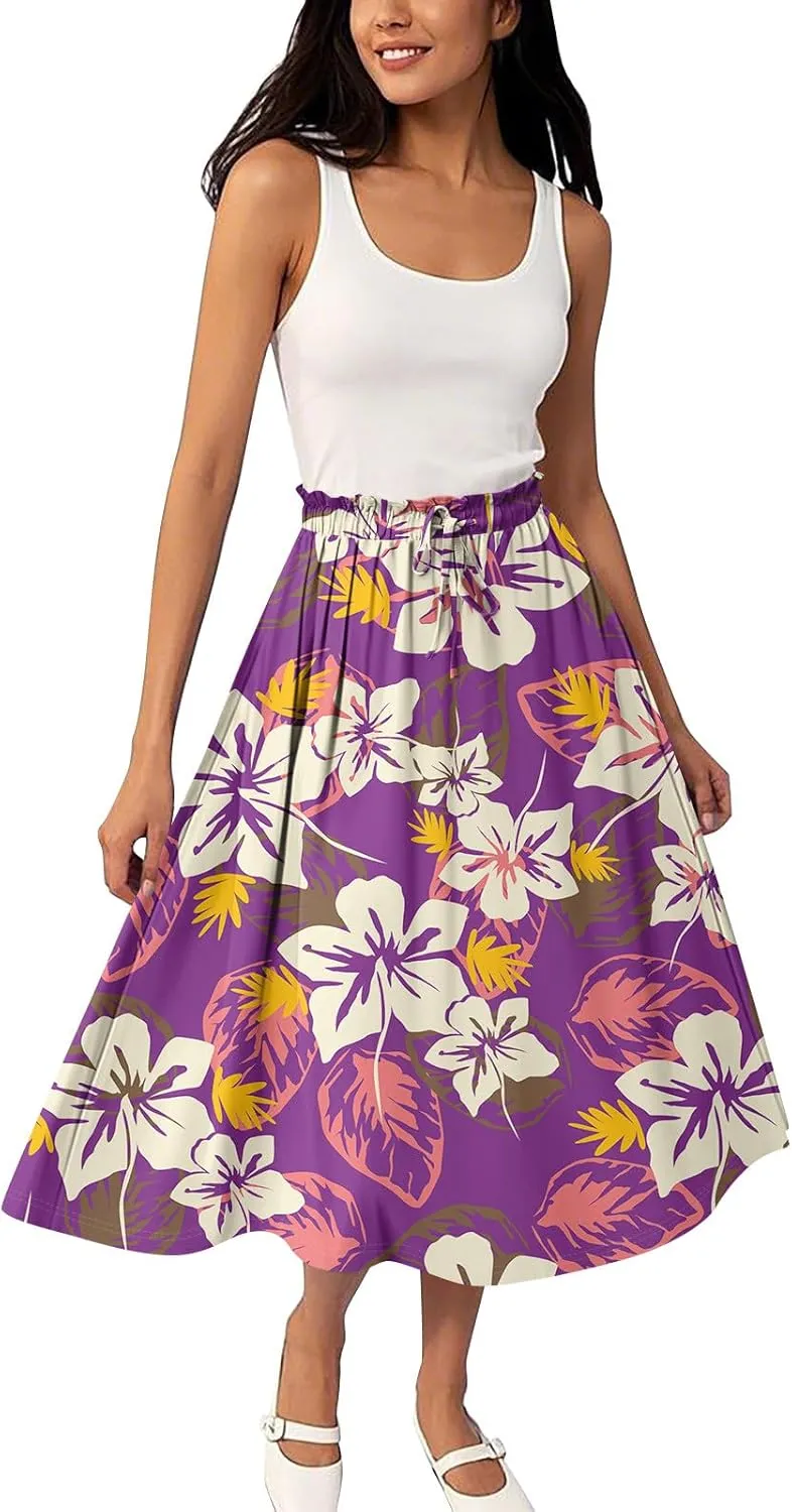 Boho Midi Skirts for Women Summer Drawstring High Waisted Knee Length Skirts A-Line Floral Print Flowy Beach Skirt