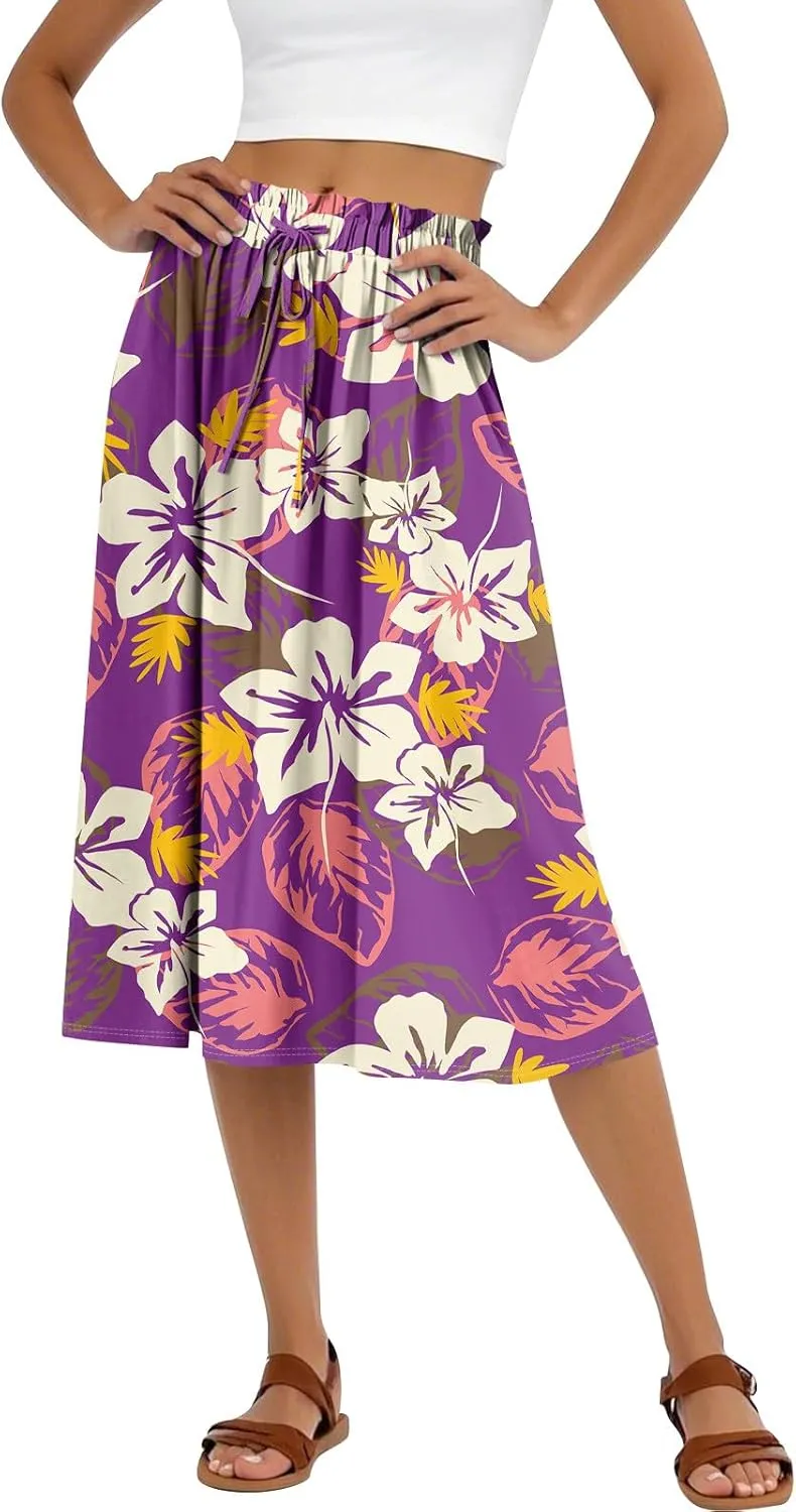 Boho Midi Skirts for Women Summer Drawstring High Waisted Knee Length Skirts A-Line Floral Print Flowy Beach Skirt