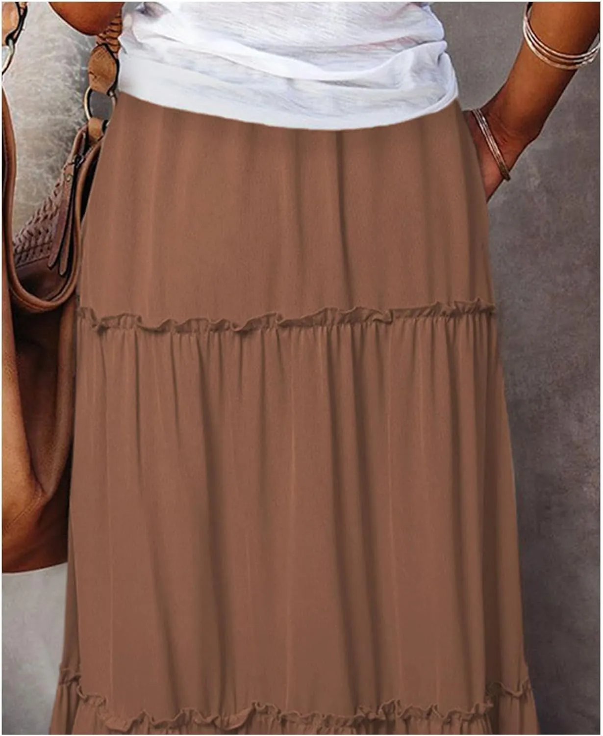 Boho Skirts for Women Summer Casual Summer Elastic High Waist A-Line Ruffle Hem Maxi Skirt Beach Long Skirt