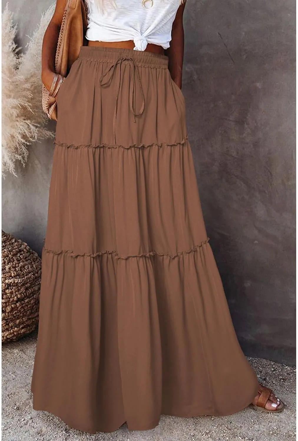 Boho Skirts for Women Summer Casual Summer Elastic High Waist A-Line Ruffle Hem Maxi Skirt Beach Long Skirt