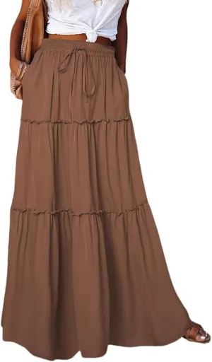Boho Skirts for Women Summer Casual Summer Elastic High Waist A-Line Ruffle Hem Maxi Skirt Beach Long Skirt