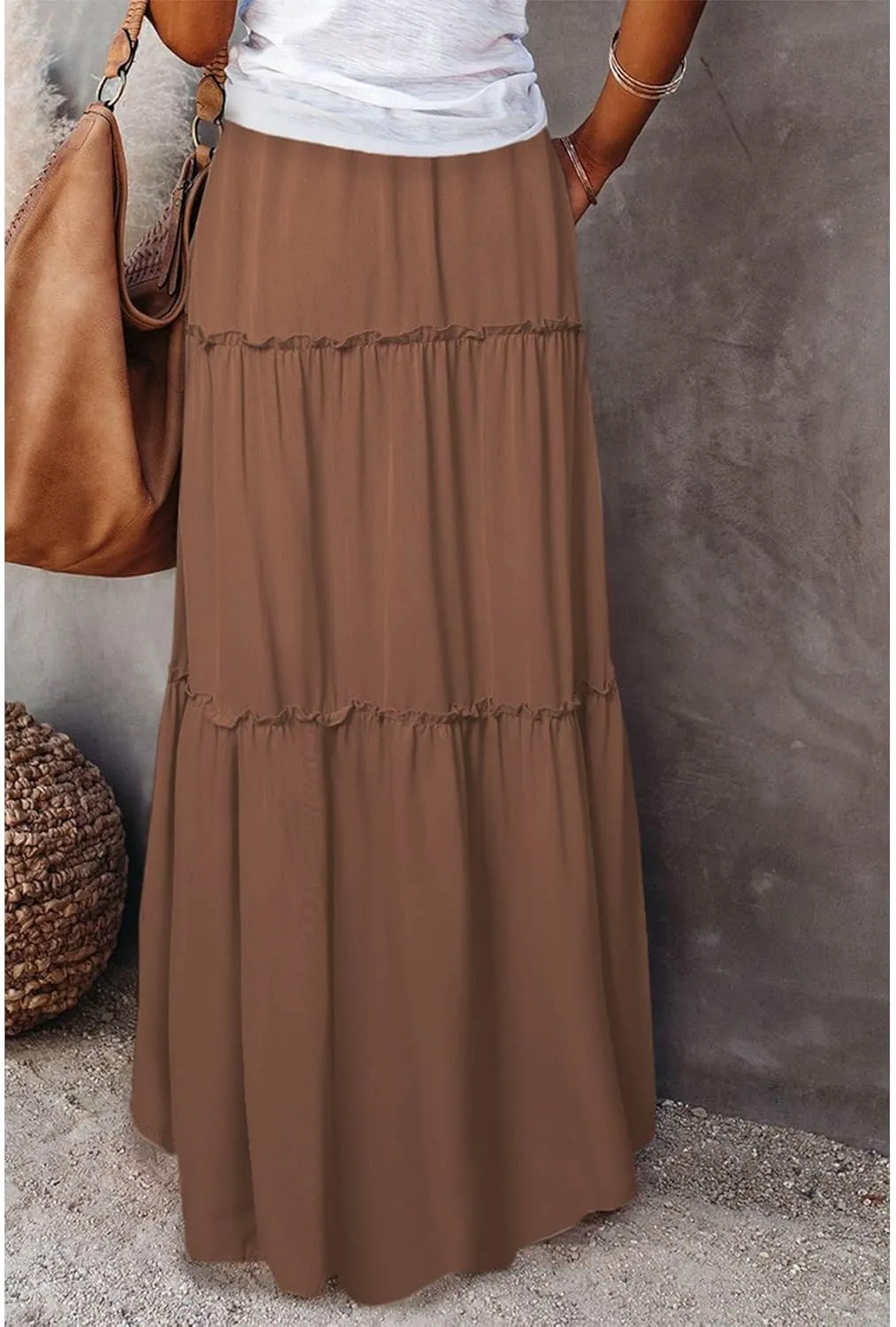 Boho Skirts for Women Summer Casual Summer Elastic High Waist A-Line Ruffle Hem Maxi Skirt Beach Long Skirt