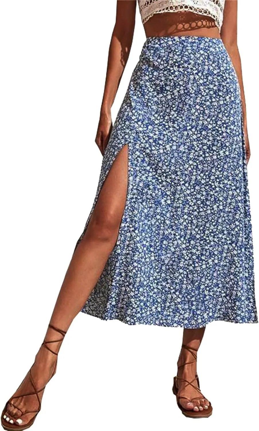 Boho Split Skirts for Women Floral Print Thigh Slit Swing High Waist A Line Midi Skirt Sexy Flared Summer Beach Skirt