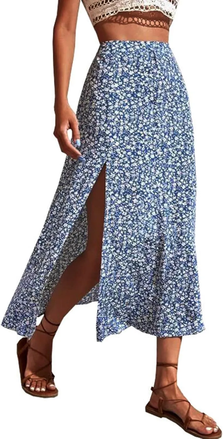 Boho Split Skirts for Women Floral Print Thigh Slit Swing High Waist A Line Midi Skirt Sexy Flared Summer Beach Skirt